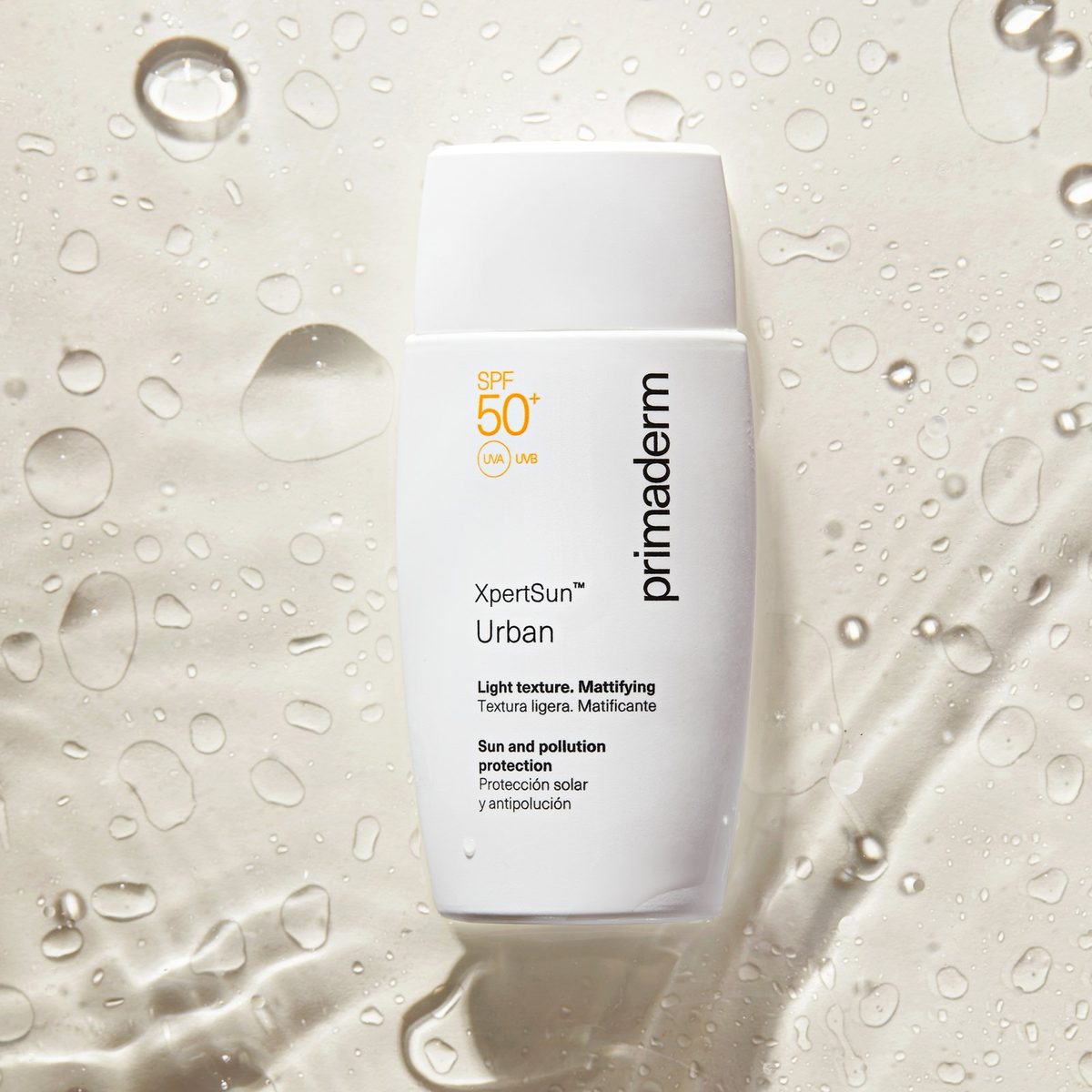XpertSun Urban sunscreen bottle with water droplets